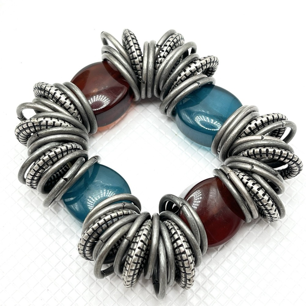 Chunky Stretch Bracelet Blue & Orange Acrylic Bead Coil Wires Artistic READ